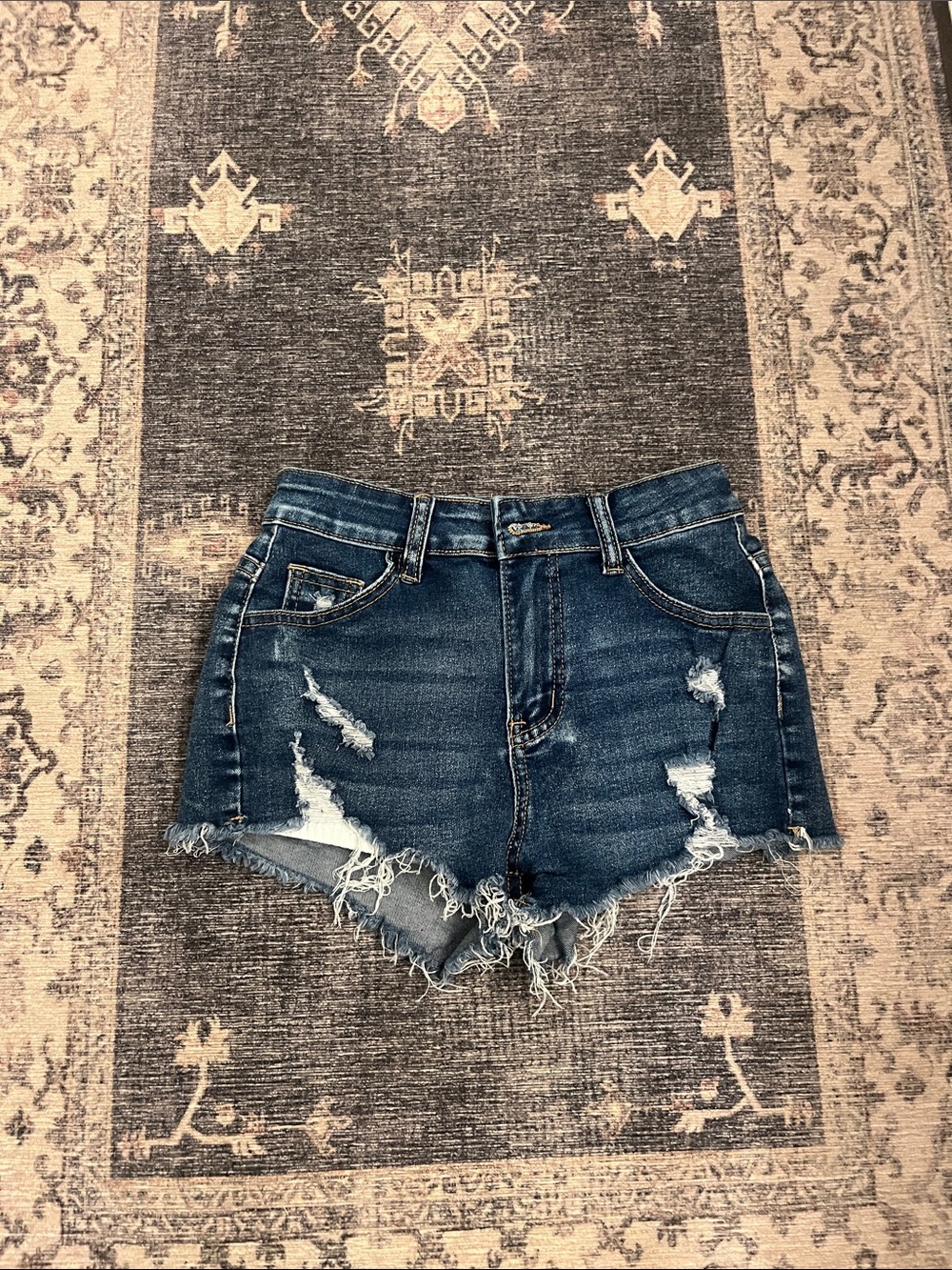 H&M Dark Blue High-Waist Distressed Denim Shorts